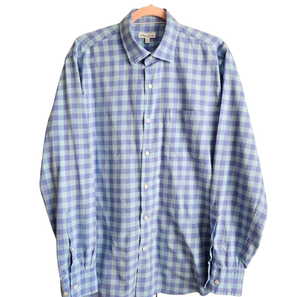 Peter Millar Mens Button Down Blue Plaid Sz Large